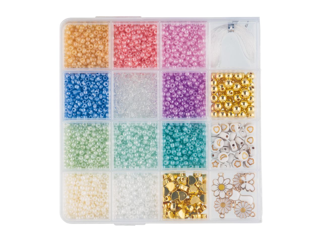 Bead set with various colorful beads, gold beads, and white charms in a clear organizer.