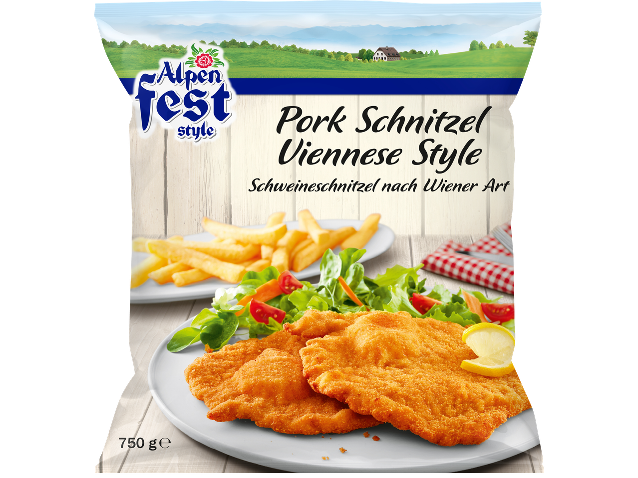Förpackning med panerad schnitzel, pommes frites och sallad, märkt 'Alpen Fest'.