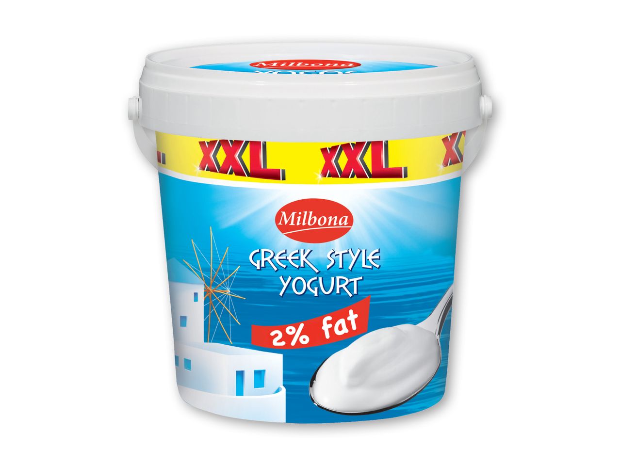 En spand med 1L Danone 0% fedt yoghurt.