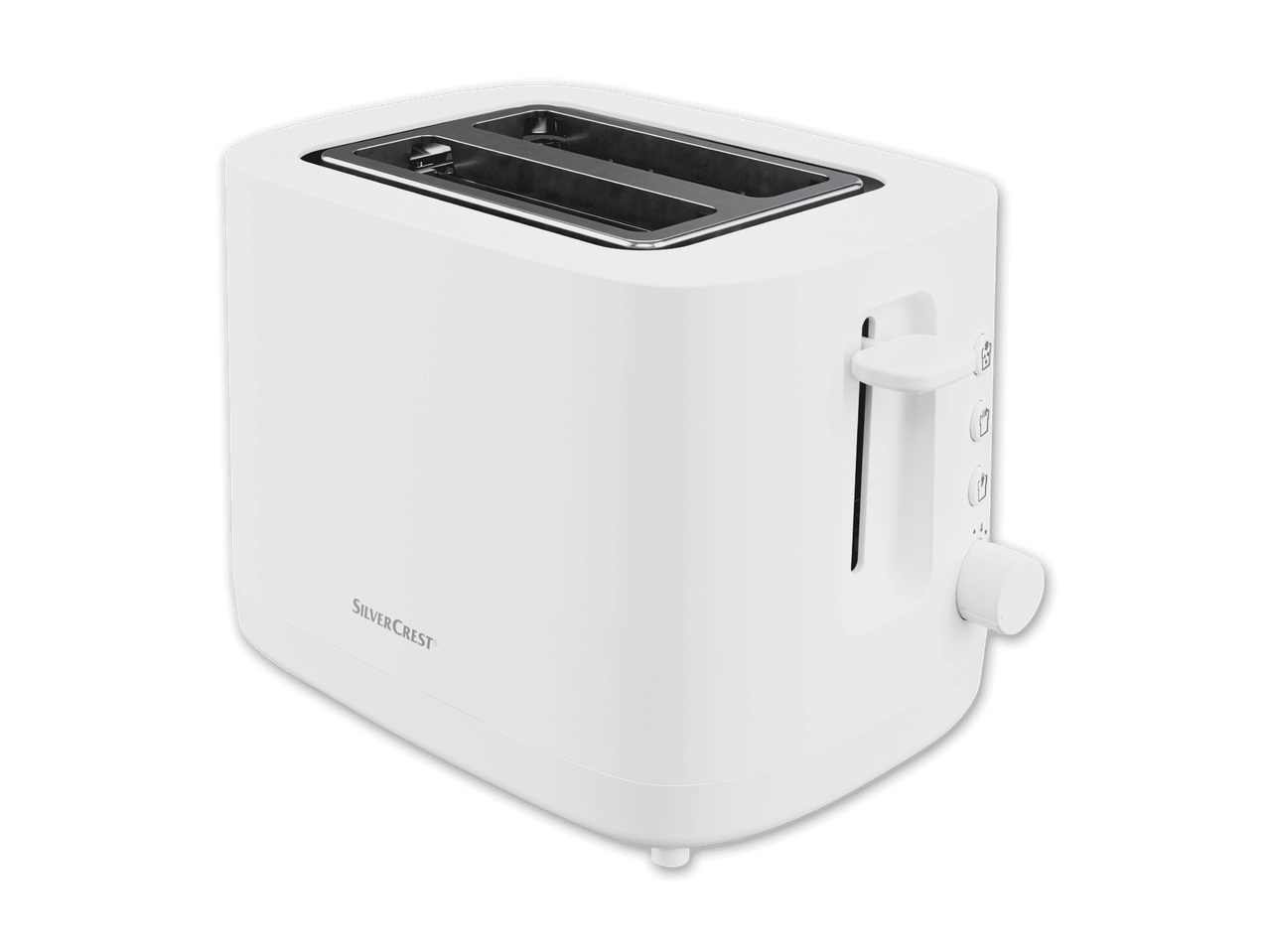 Ein weißer SilverCrest-Toaster mit zwei Schlitzen.