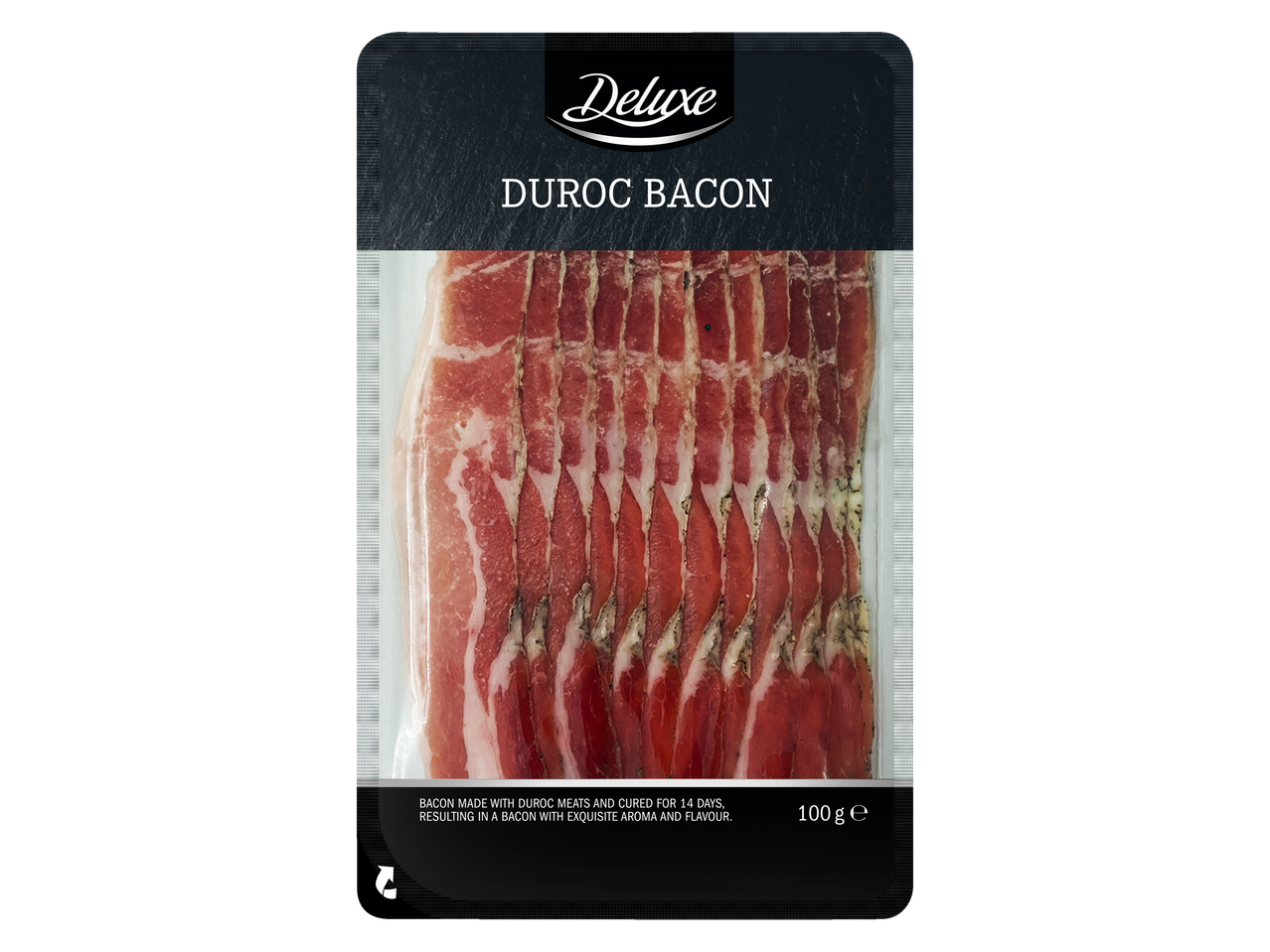 Deluxe Duroc bekons, 100g iepakojums.