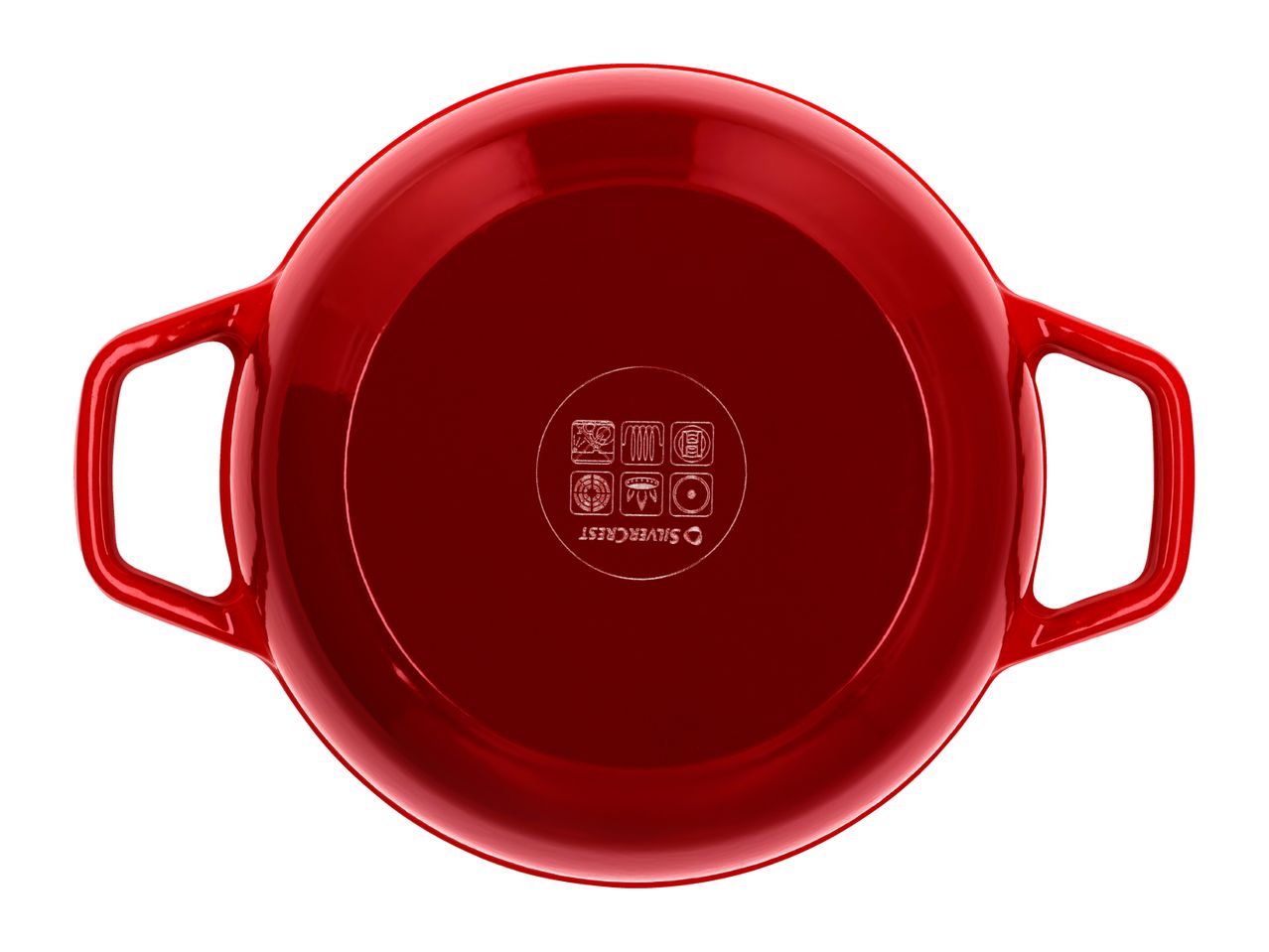 Red cooking pot with handles, showing various cooking hob compatibility symbols on the base.