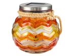 Solar Glass Light with a zigzag pattern in orange, yellow, and white, and a rope accent.