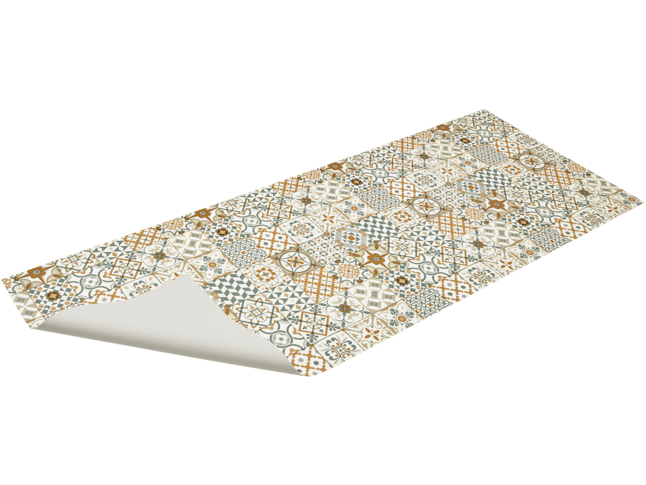 Passadeira de cozinha LIVARNO com padrão de azulejos coloridos em tons de castanho e cinzento.