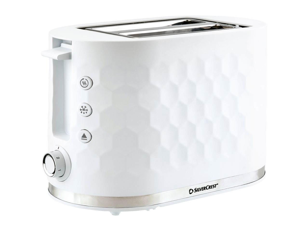 White two-slice toaster with a textured honeycomb pattern and chrome accents