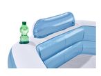 Inflatable pool with a green bottle in a cup holder.