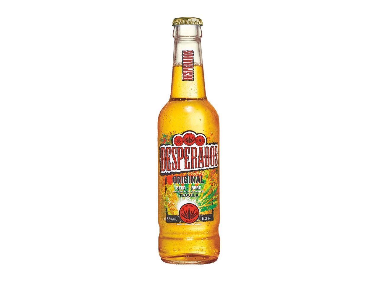Sticlă de bere cu aromă de tequila, cu etichetă roșie și verde, pe un fundal alb.