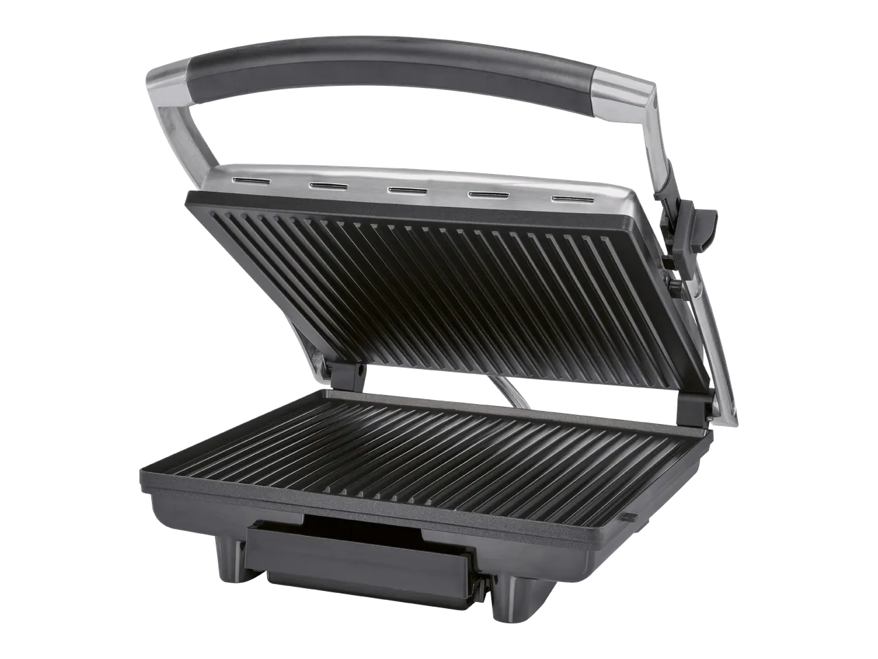 Avoin sähkögrilli, jossa on harjattu teräskansi ja mustat tarttumattomat grillauslevyt.