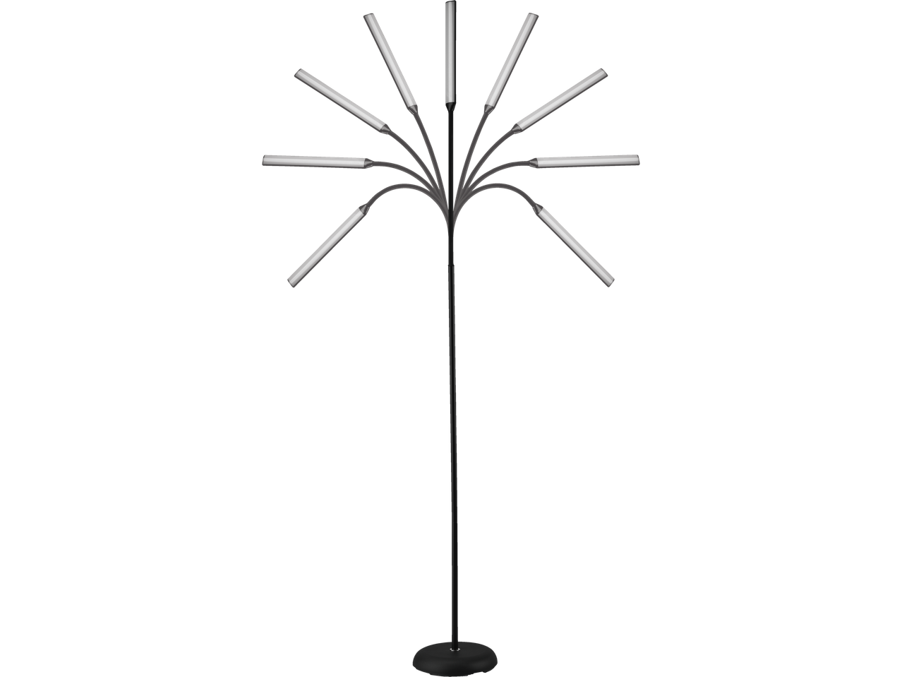 Moderna, crna podna lampa sa osam podesivim LED svetala.