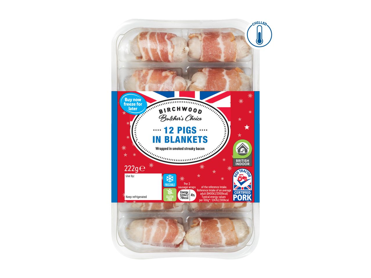Birchwood 12 Pigs in Blankets, wrapped in smoked streaky bacon, 222g, chilled and freezable.