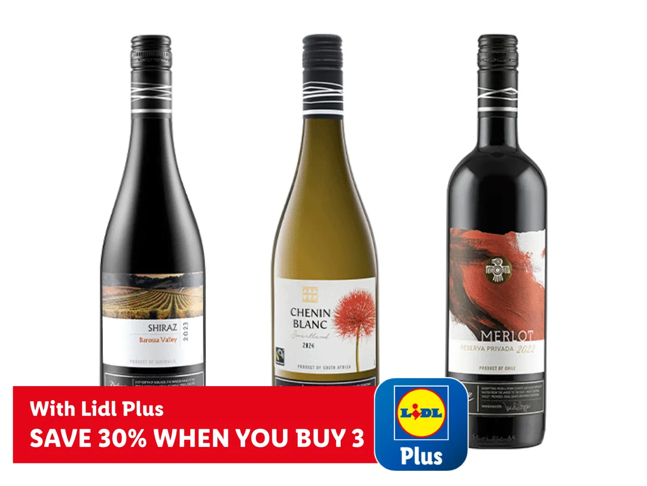 Three bottles of wine: Shiraz, Chenin Blanc, and Merlot, with a red banner offering 30% off when buying 3 with Lidl Plus.
