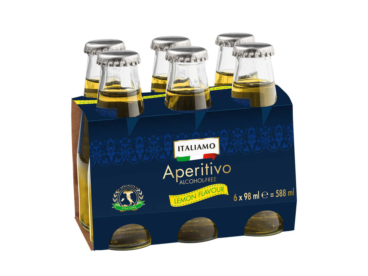 Pack de 6 bouteilles d'apéritif sans alcool saveur citron, avec un motif décoratif bleu.
