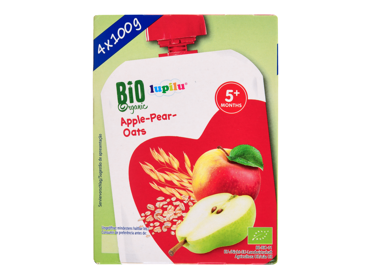 Bolsa de comida para bebé Lupilu Bio Organic Maçã-Pera-Aveia, 4x100g, para mais de 5 meses.