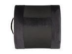 A black lumbar support cushion with a mesh center and carrying handle.