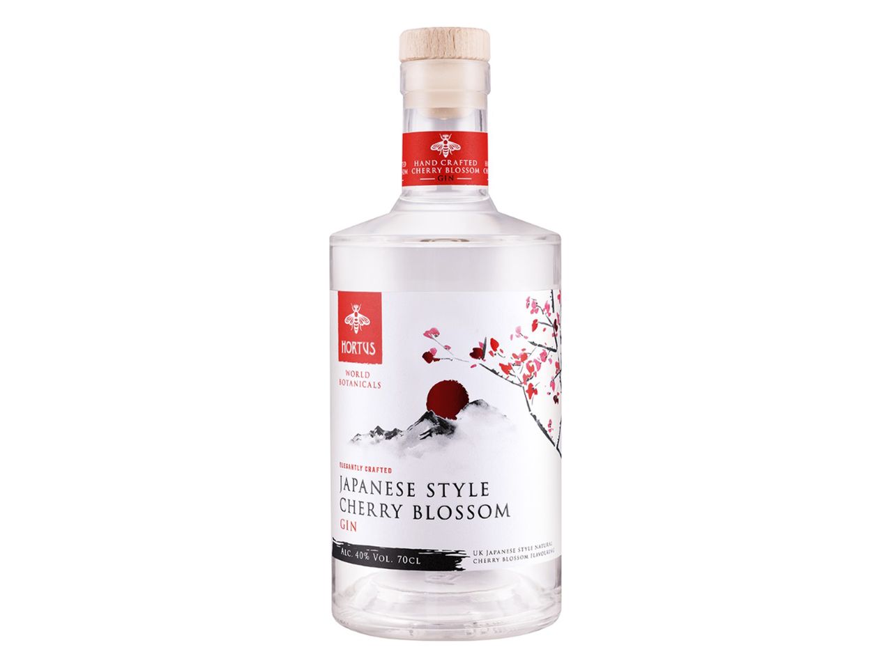 Hortus Japanese Style Cherry Blossom Gin bottle with a red label and cherry blossom design.