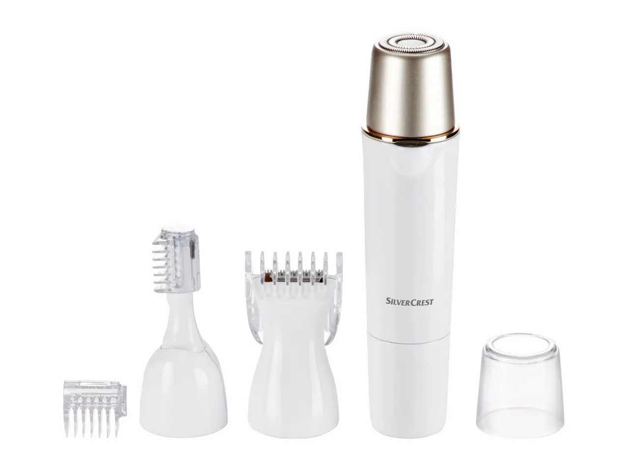 A white facial hair removal and grooming kit with multiple attachments.