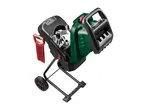 A green and black electric garden shredder with a red pusher, on a white background.