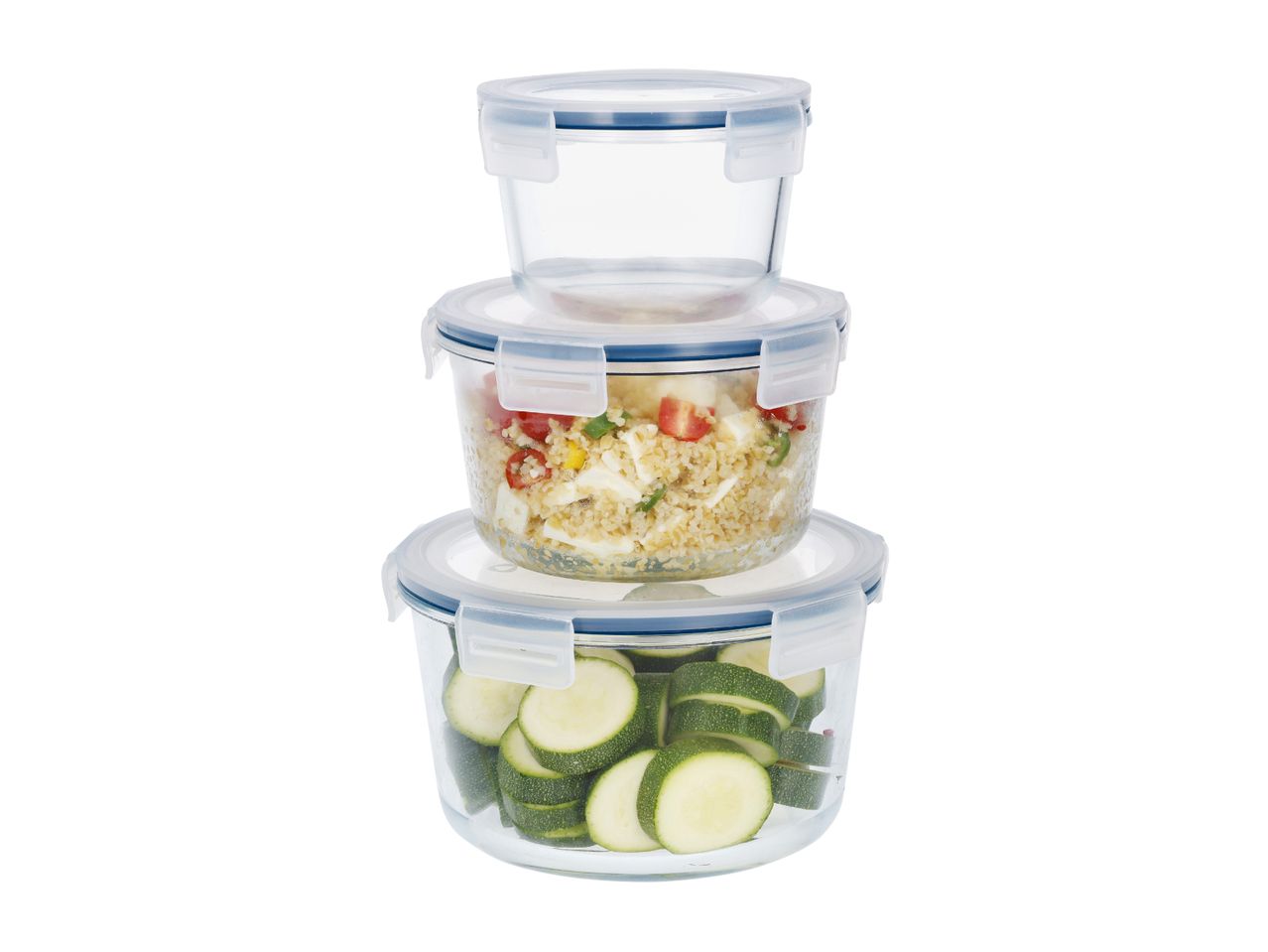 Stack of three round glass food containers with blue-rimmed lids, two filled with food.