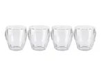 Set of four clear glass mugs.