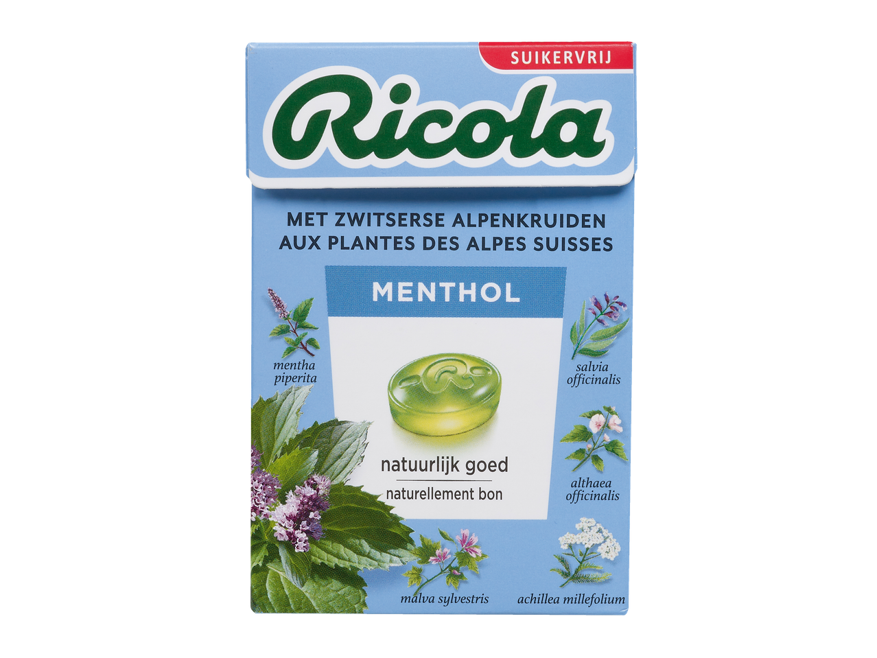 Pastilles Ricola Menthol aux herbes alpines suisses, sans sucre.