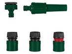 A set of green plastic garden hose connectors and adapters.