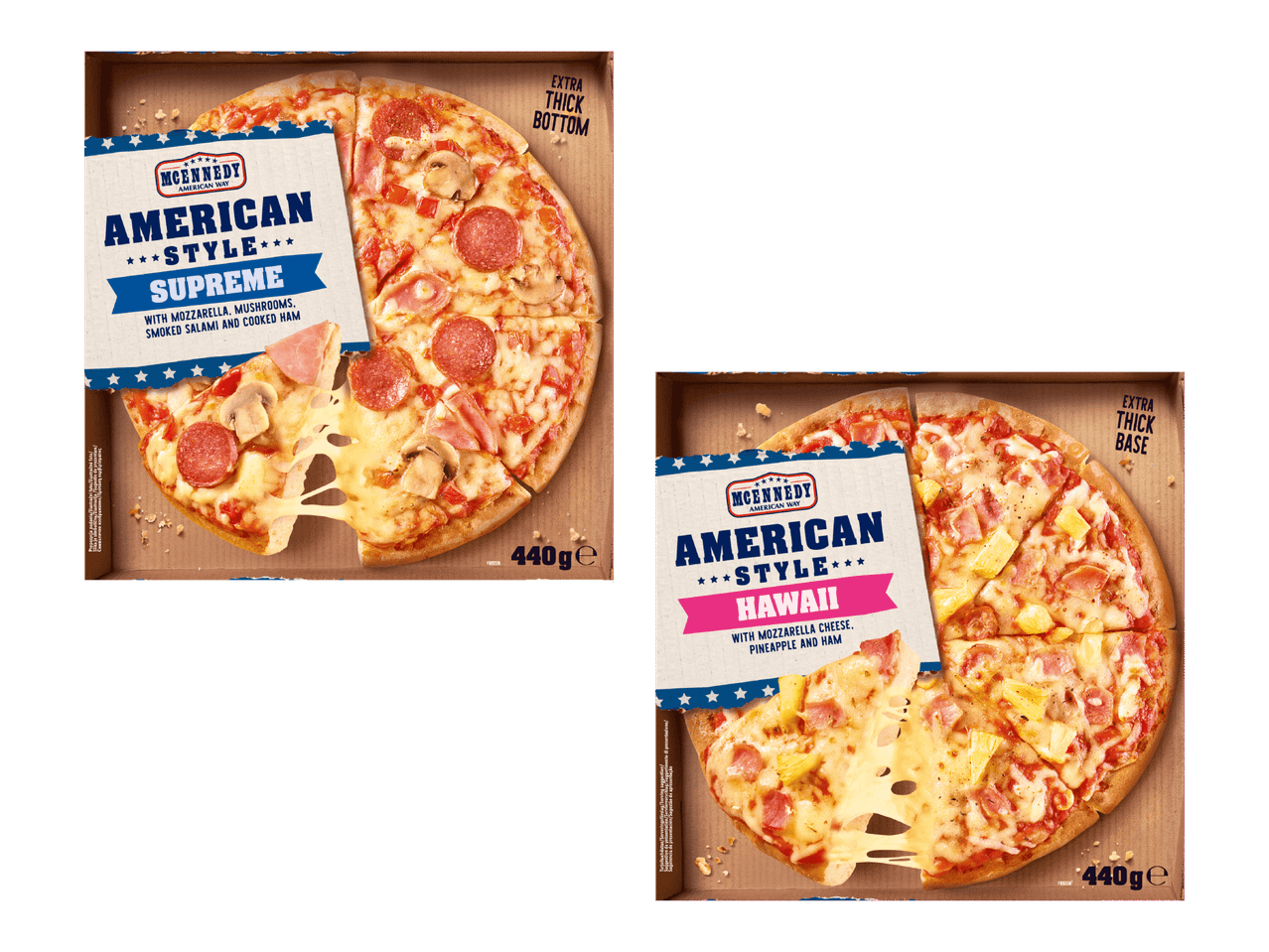 Kaksi pakattua pizzaa: Supreme-pizza salamilla ja kinkulla sekä Hawaii-pizza ananaksella ja kinkulla.