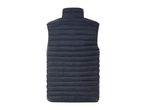 Dark blue puffer vest with a high collar, seen from the back.