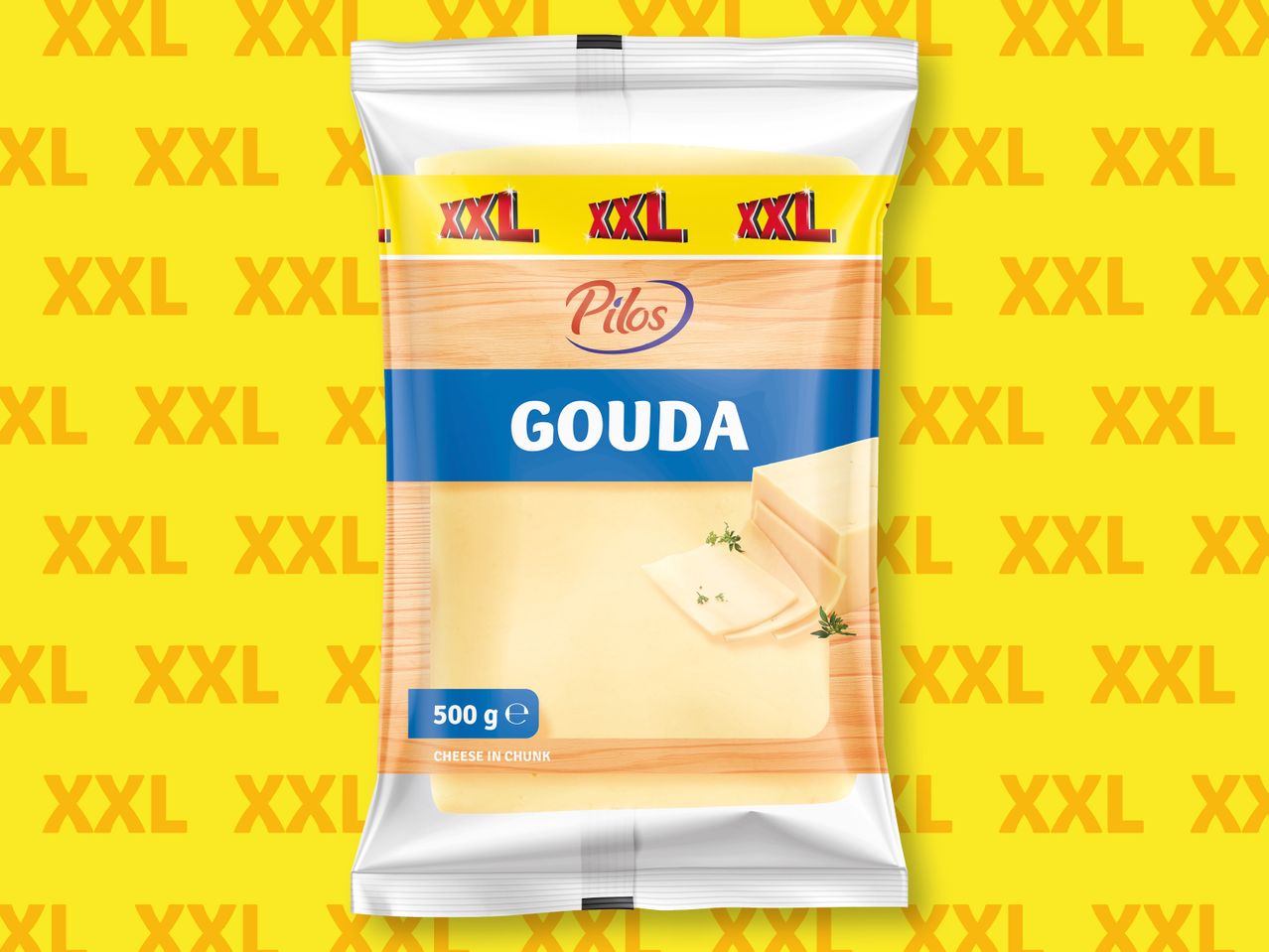 Опаковката на сирене Gouda от Pilos е с големина XXL.