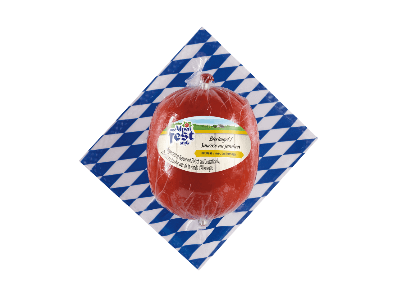 Salsiccia Alpenfest Bierkugel/Saucisse au jambon con formaggio su sfondo a scacchi blu e bianchi.