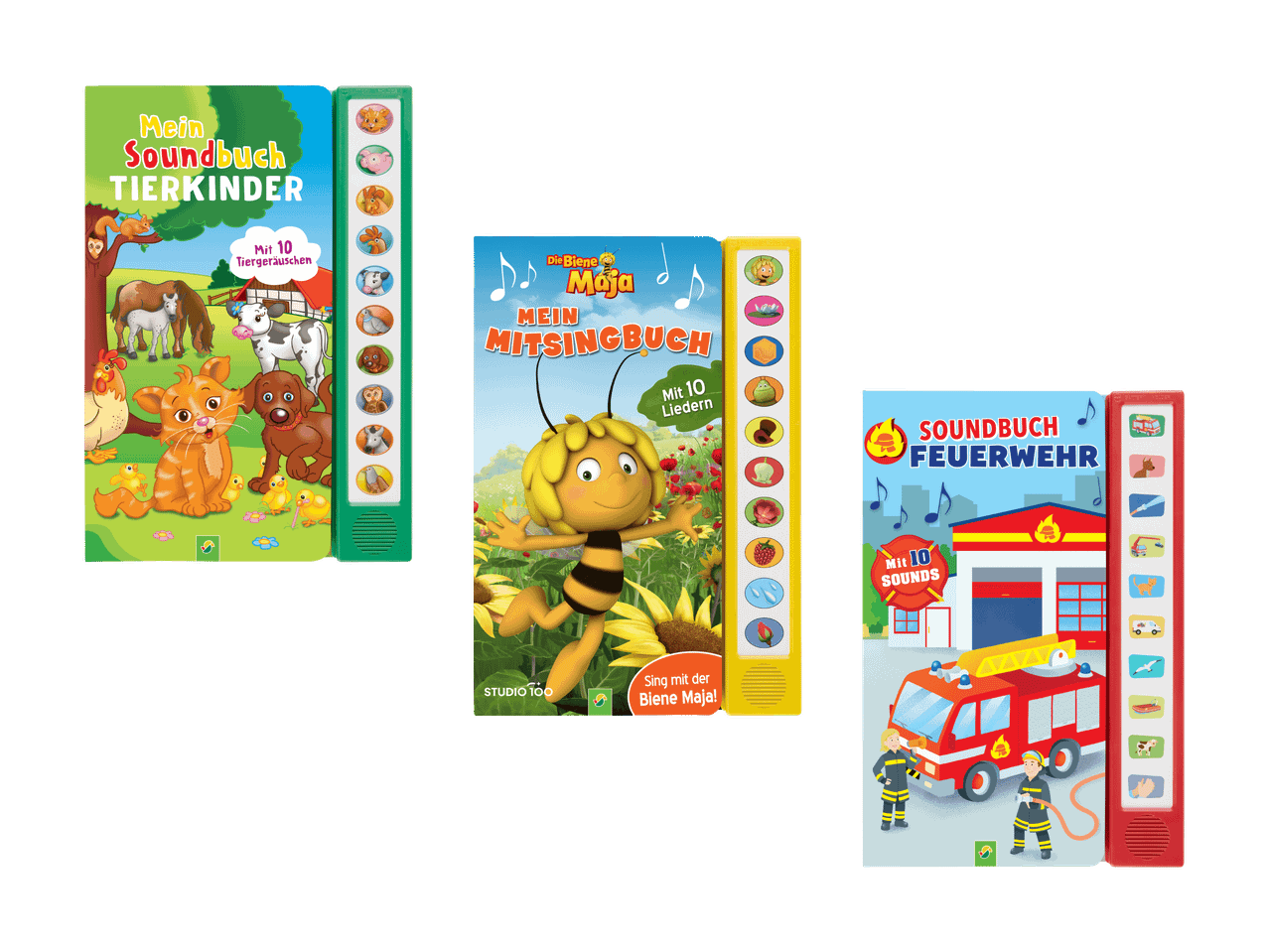 Trois livres sonores pour enfants sur les animaux, Maya l'abeille et les pompiers.