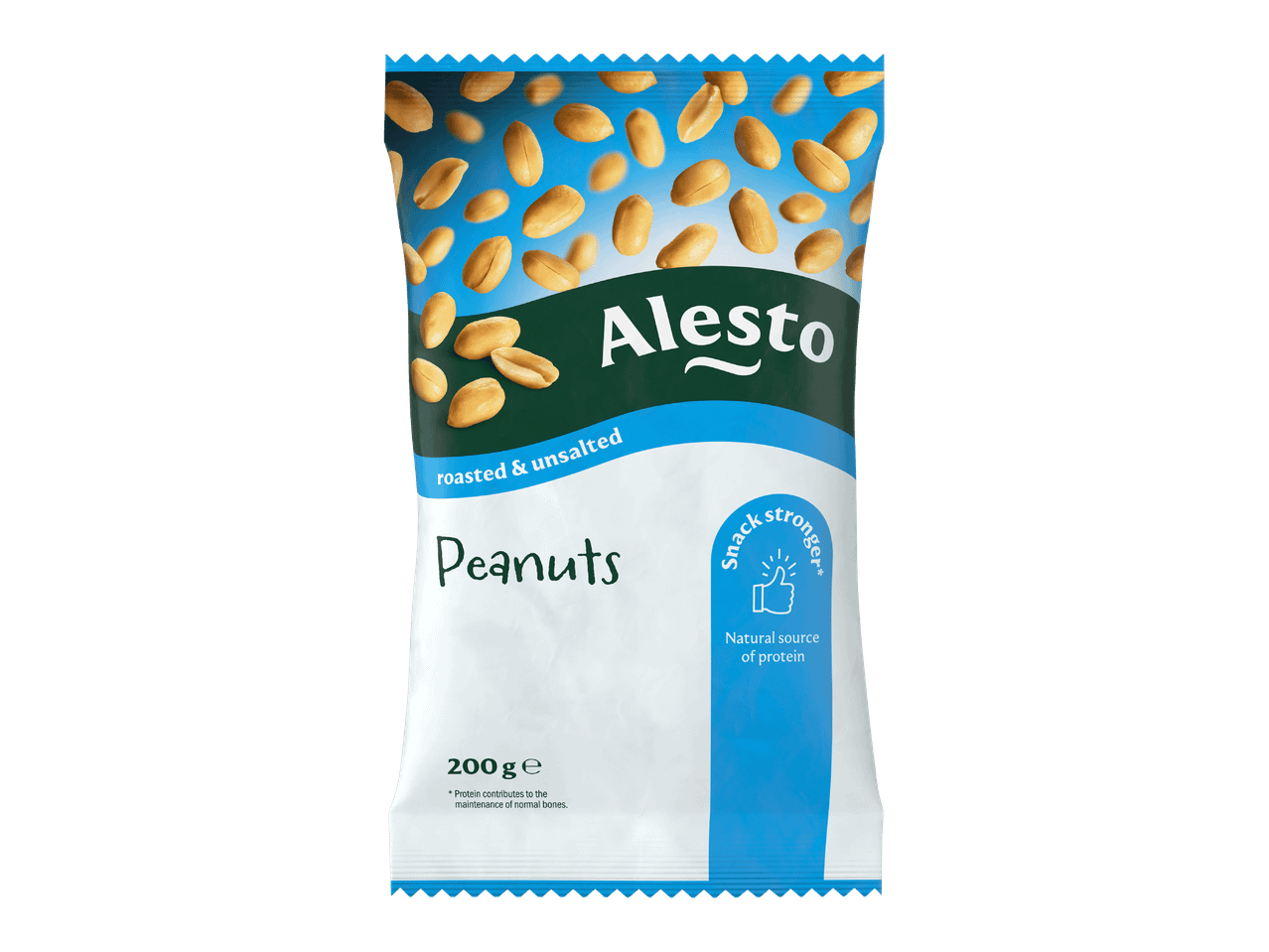 Pähkinäpussi, jossa on paahdettuja ja suolaamattomia maapähkinöitä, 200 g.