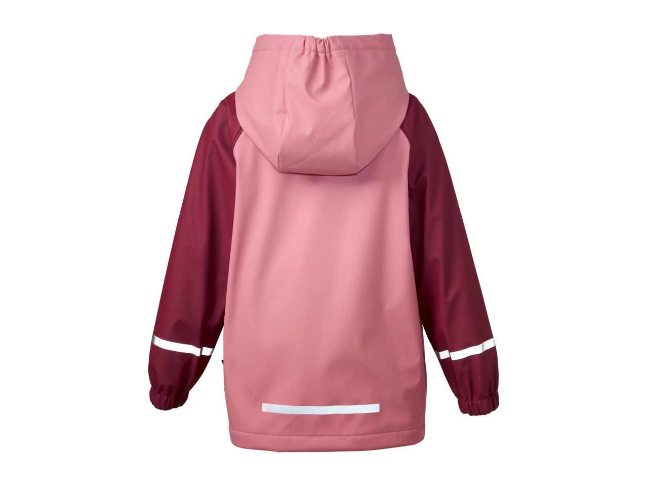 Pink and maroon children's rain jacket with reflective stripes, back view.
