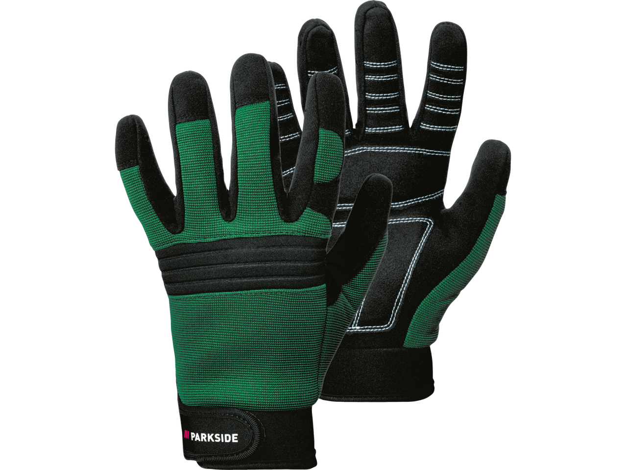 A pair of Parkside work gloves, green and black, are shown.