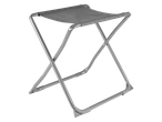 Foldable metal stool with fabric seat.