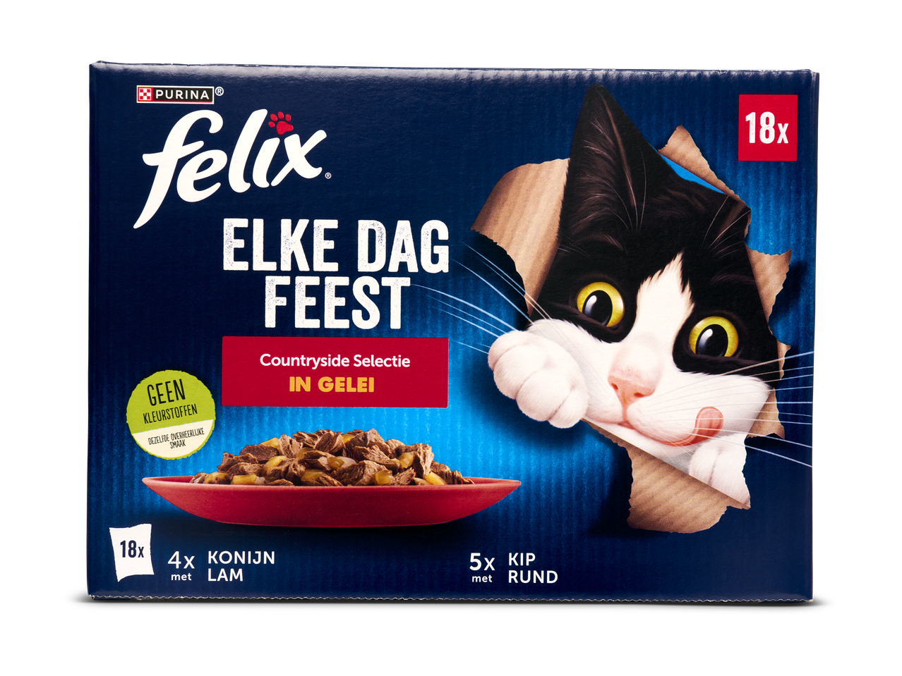 Doos met kattenvoer, 18 porties, met konijn, lam, kip en rund in gelei.