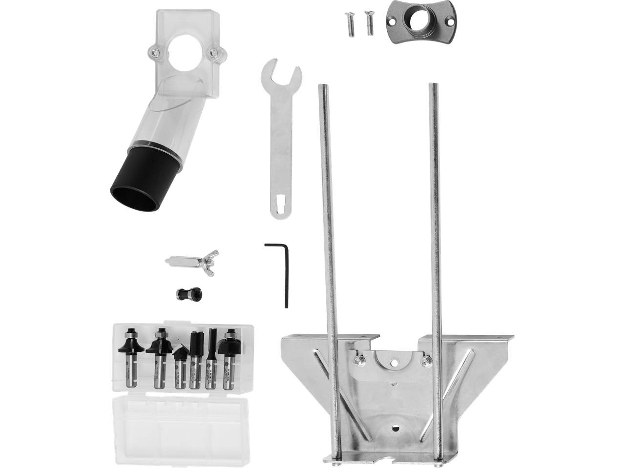 Parkside® 1200W Router accessories including router bits, wrench, and dust extraction attachment.