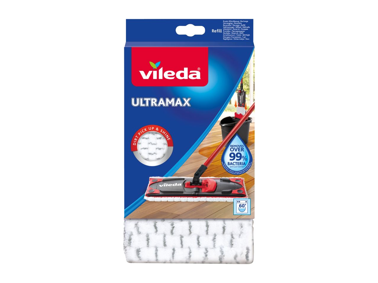 Vileda Ultramax mop refill packaging, highlighting its dirt pickup and bacteria removal capabilities.