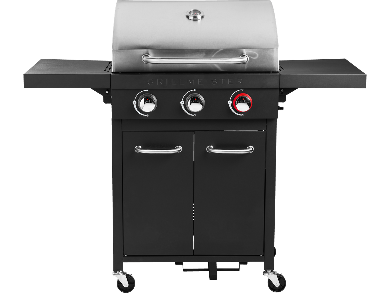 Grillmeister gas grill with three burners and side tables.