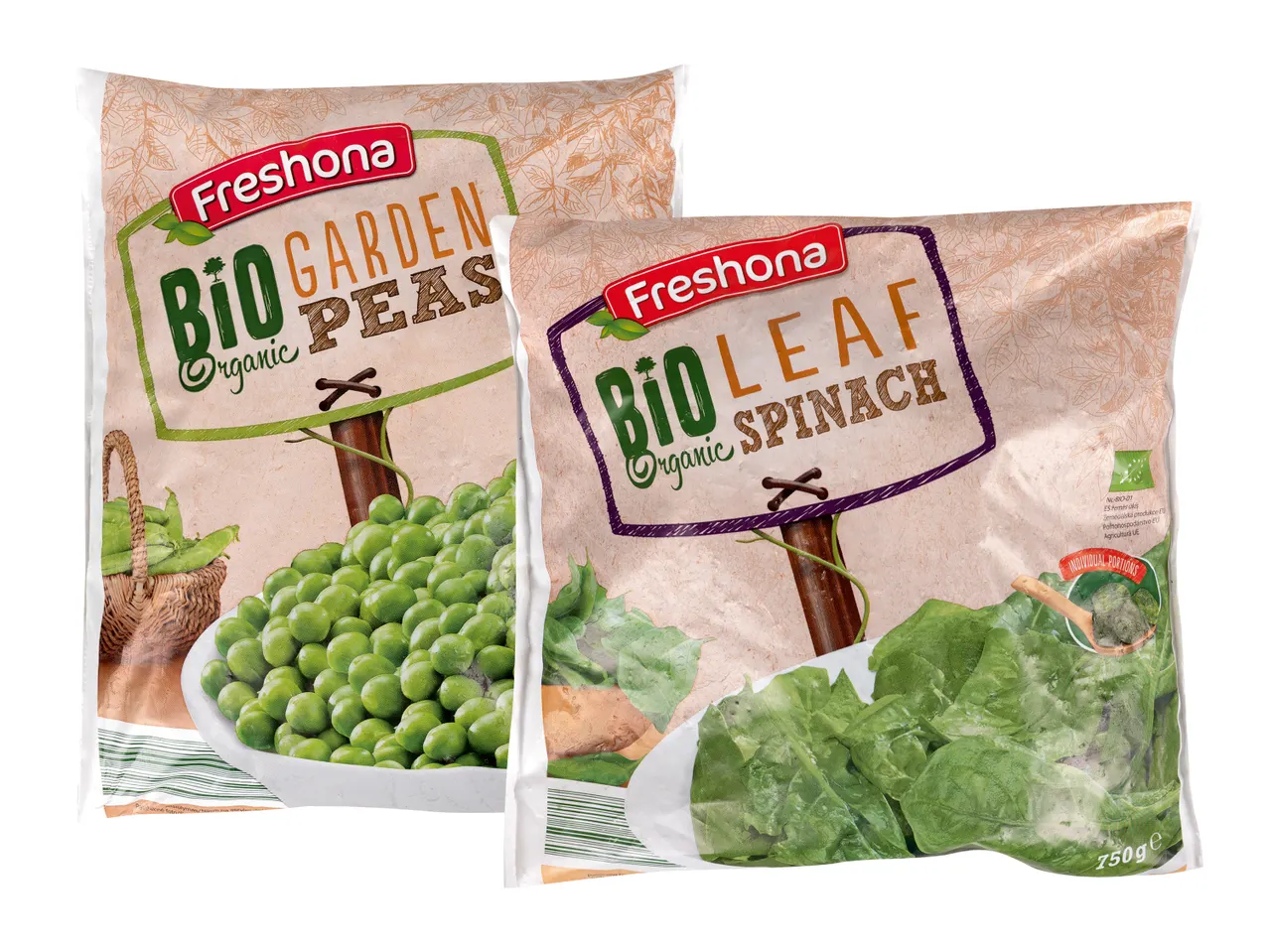 Două pungi de legume congelate Freshline: mazăre bio și spanac bio.