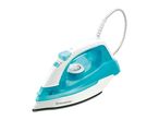A white and turquoise steam iron with a patterned power cord.