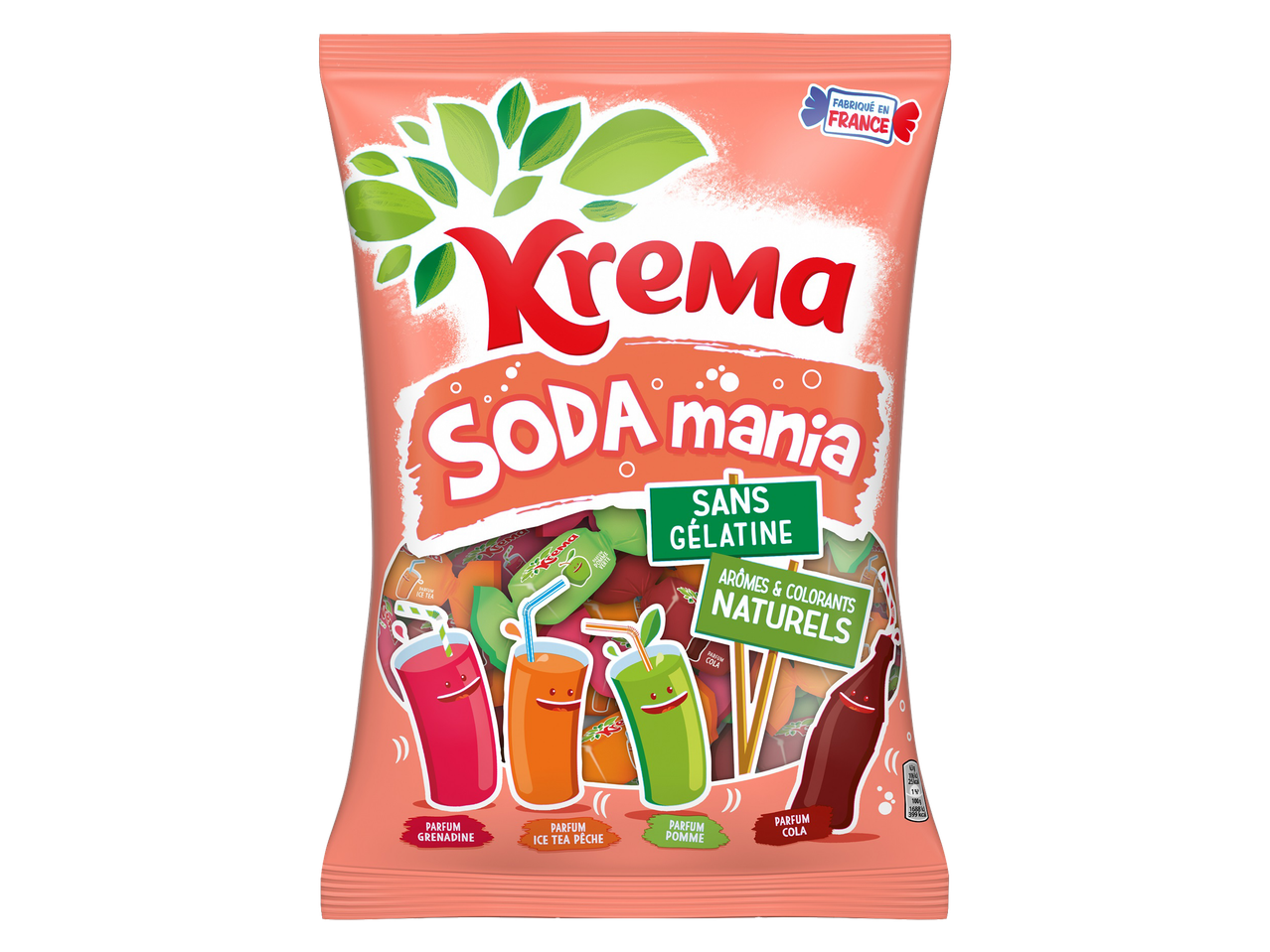 Sachet de bonbons aux saveurs de soda, sans gélatine et aux arômes naturels.