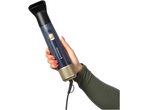 A person holding a blue and gold hair dryer brush with red nail polish.