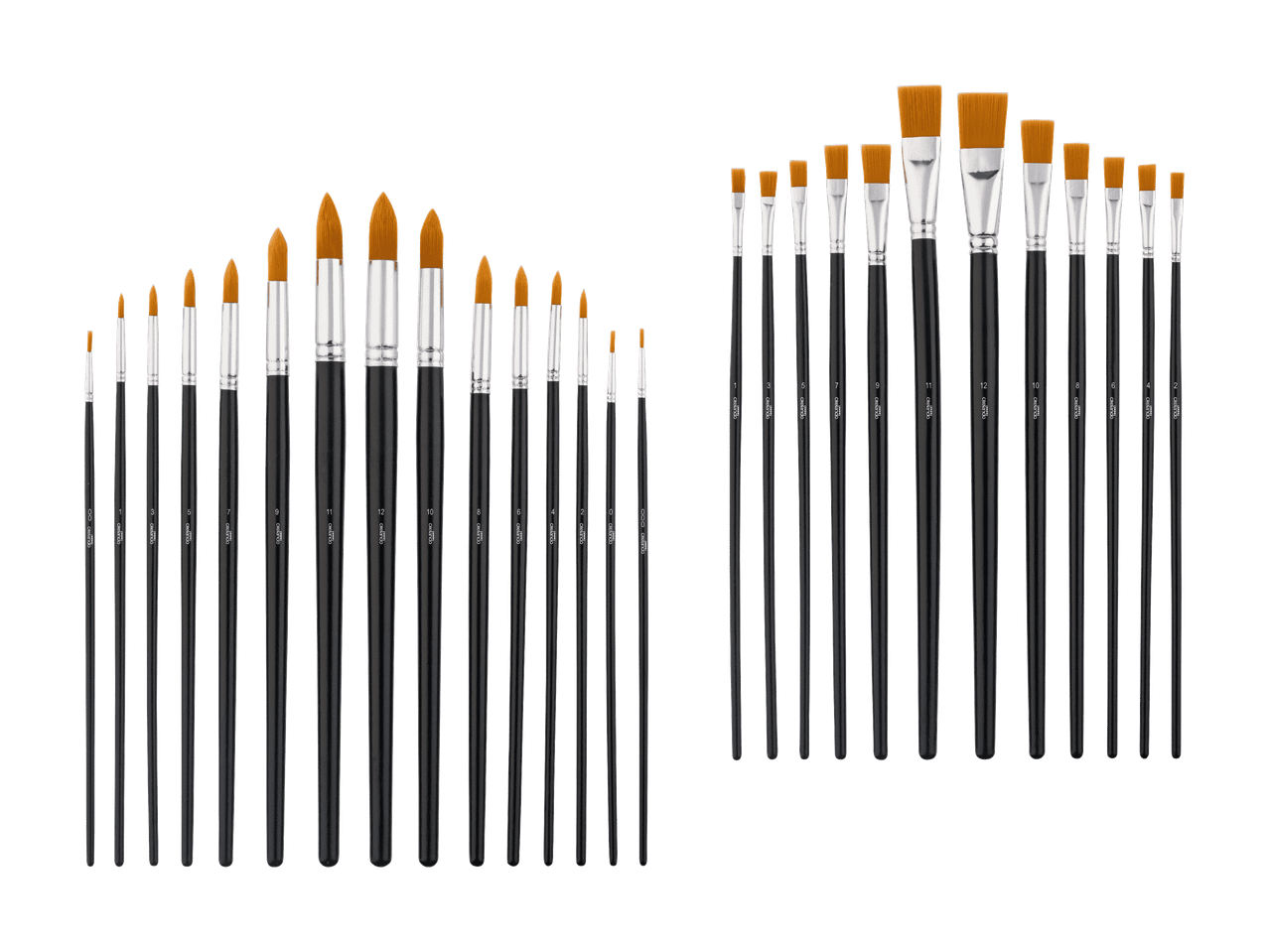 Ensemble de pinceaux de peinture, ronds et plats, de différentes tailles.