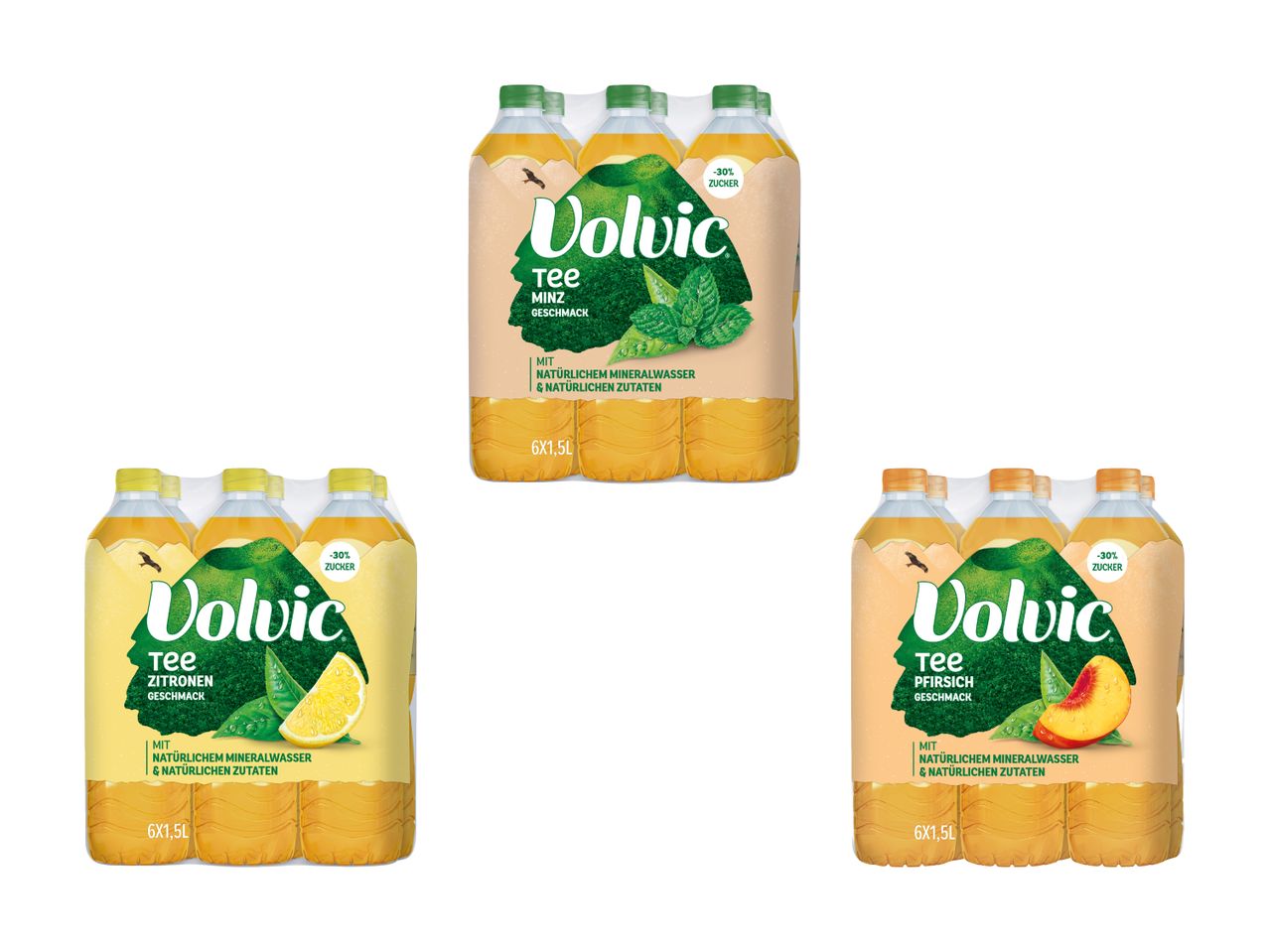 Sechserpacks Volvic Tee in den Geschmacksrichtungen Minze, Zitrone und Pfirsich.