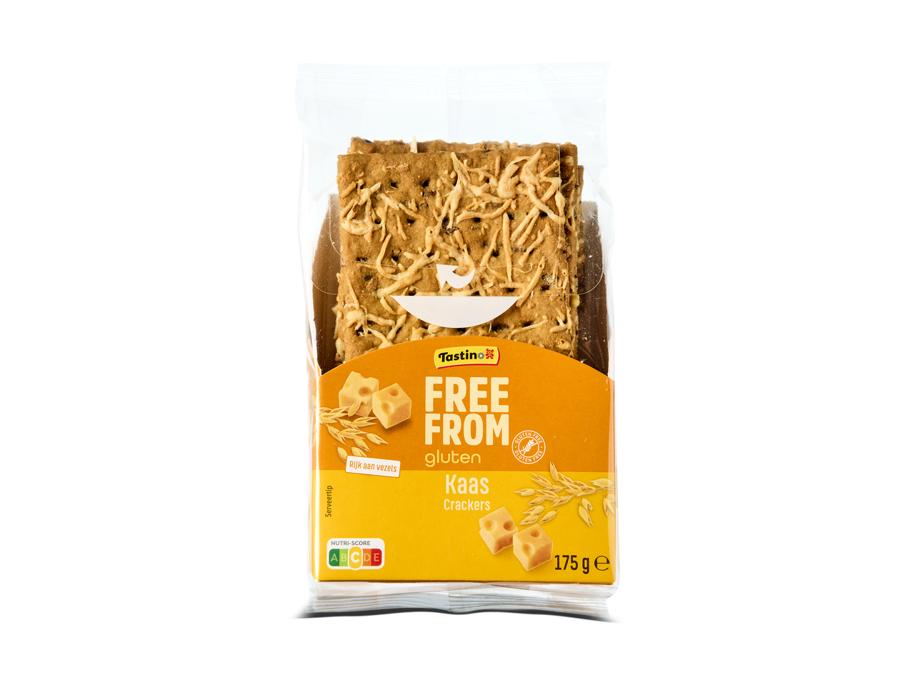 Verpakking met glutenvrije kaascrackers, rijk aan vezels, met Nutri-Score B.