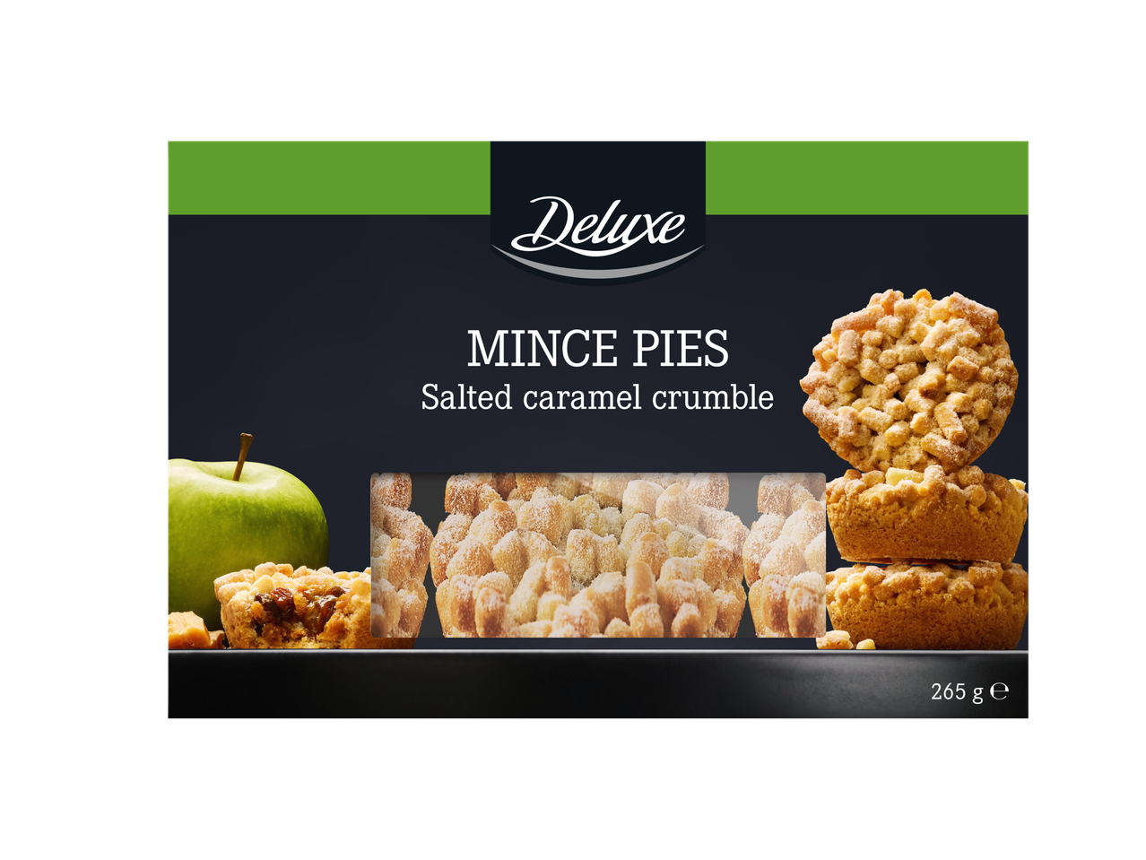 A box of salted caramel crumble mince pies with a green apple on the side.