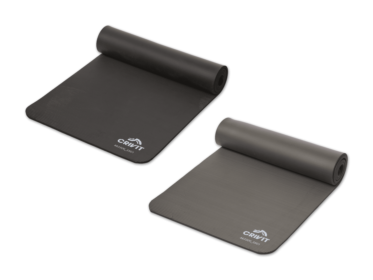 Zwei graue Crivit Fitnessmatten, eine teilweise aufgerollt