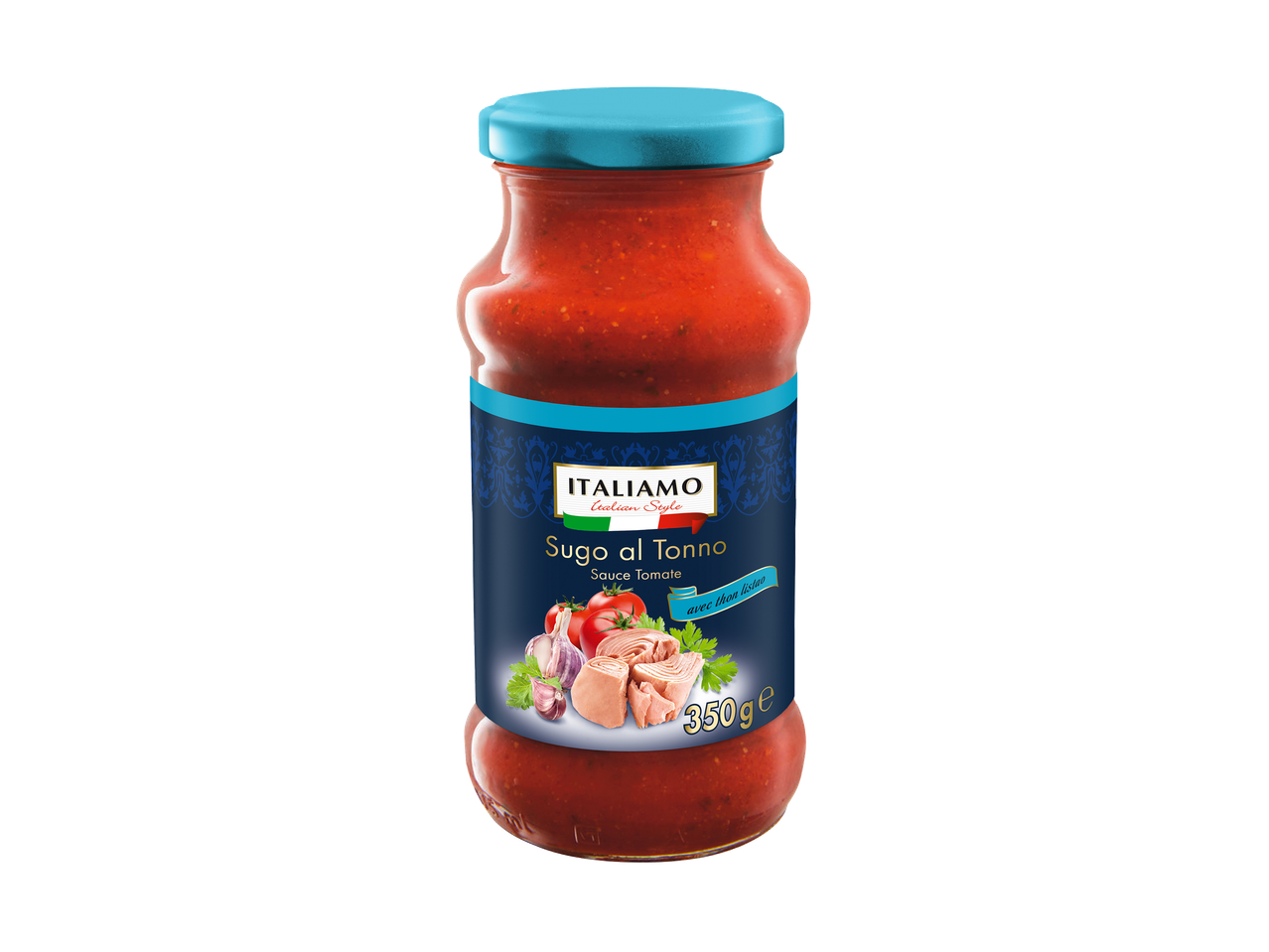 Bocal de sauce tomate au thon, avec des tomates, de l'ail et du persil.