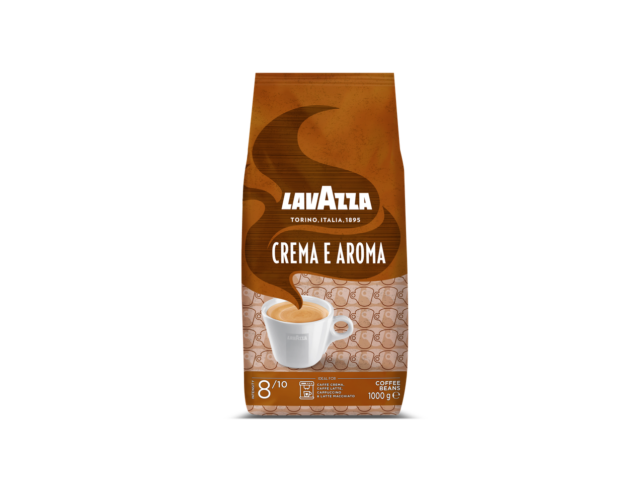 Lavazza Crema e Aroma koffiebonen, 1000g, intensiteit 8/10, ideaal voor diverse koffiedranken.