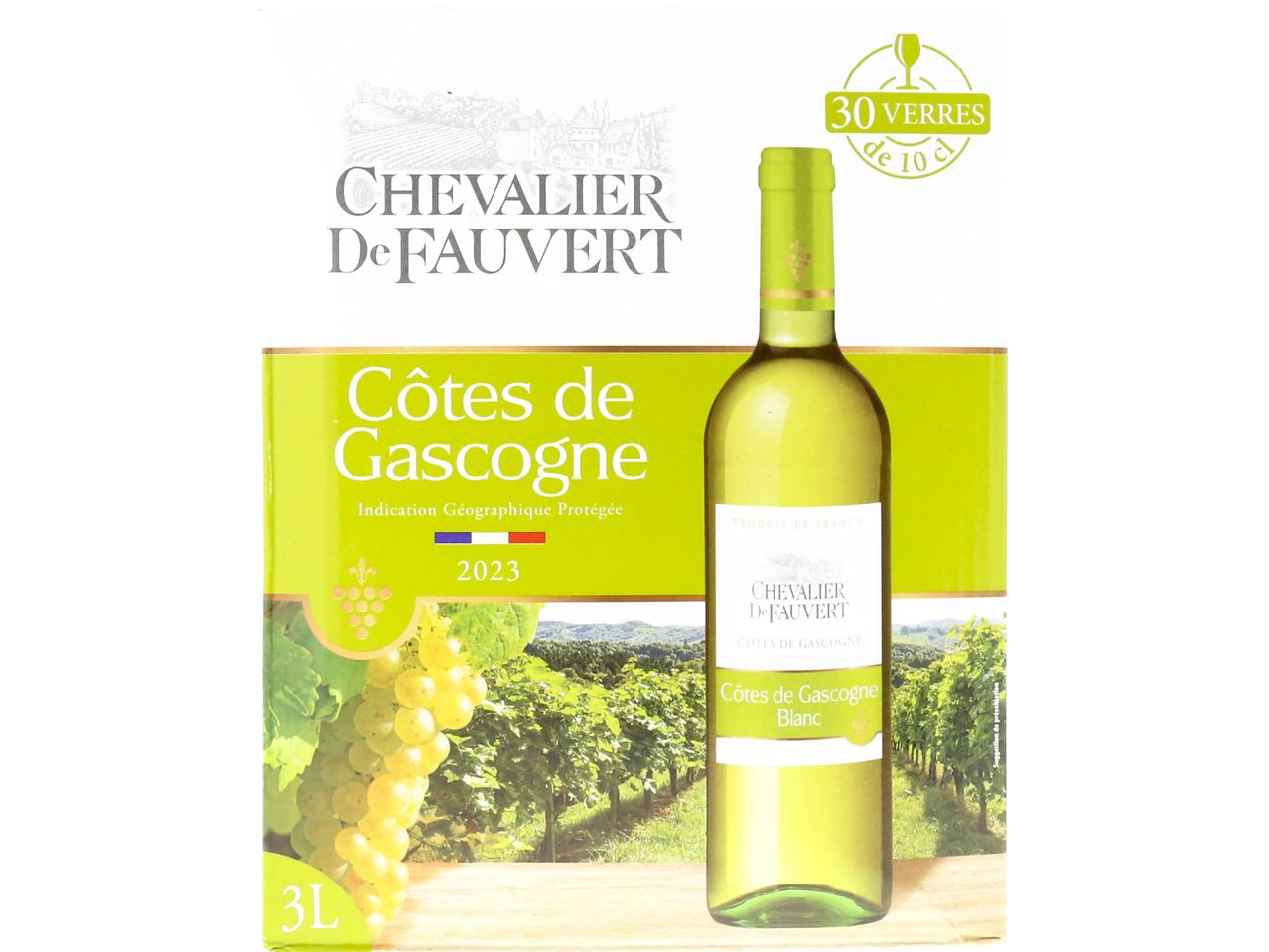 Bouteille de vin blanc Chevalier de Fauvert, Côtes de Gascogne.